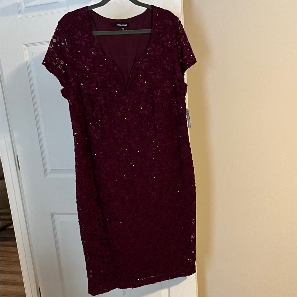 NWT. Elegant Deep Plum Lace and Sequin Midi Dress